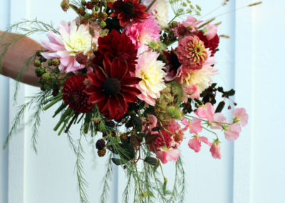 Arabian Night in a bridal bouquet with Chilson's Pride and Cornel dahlias