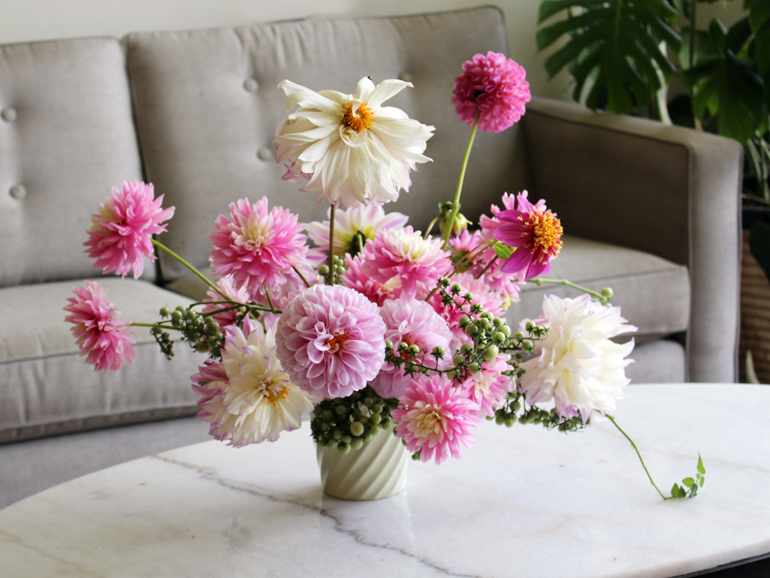 Luxe dahlia vase arrangement from the garden with Ferncliff Illusion, Skipley Luis jean, Chilson's Pride, Mexico, and Snoho Sonia